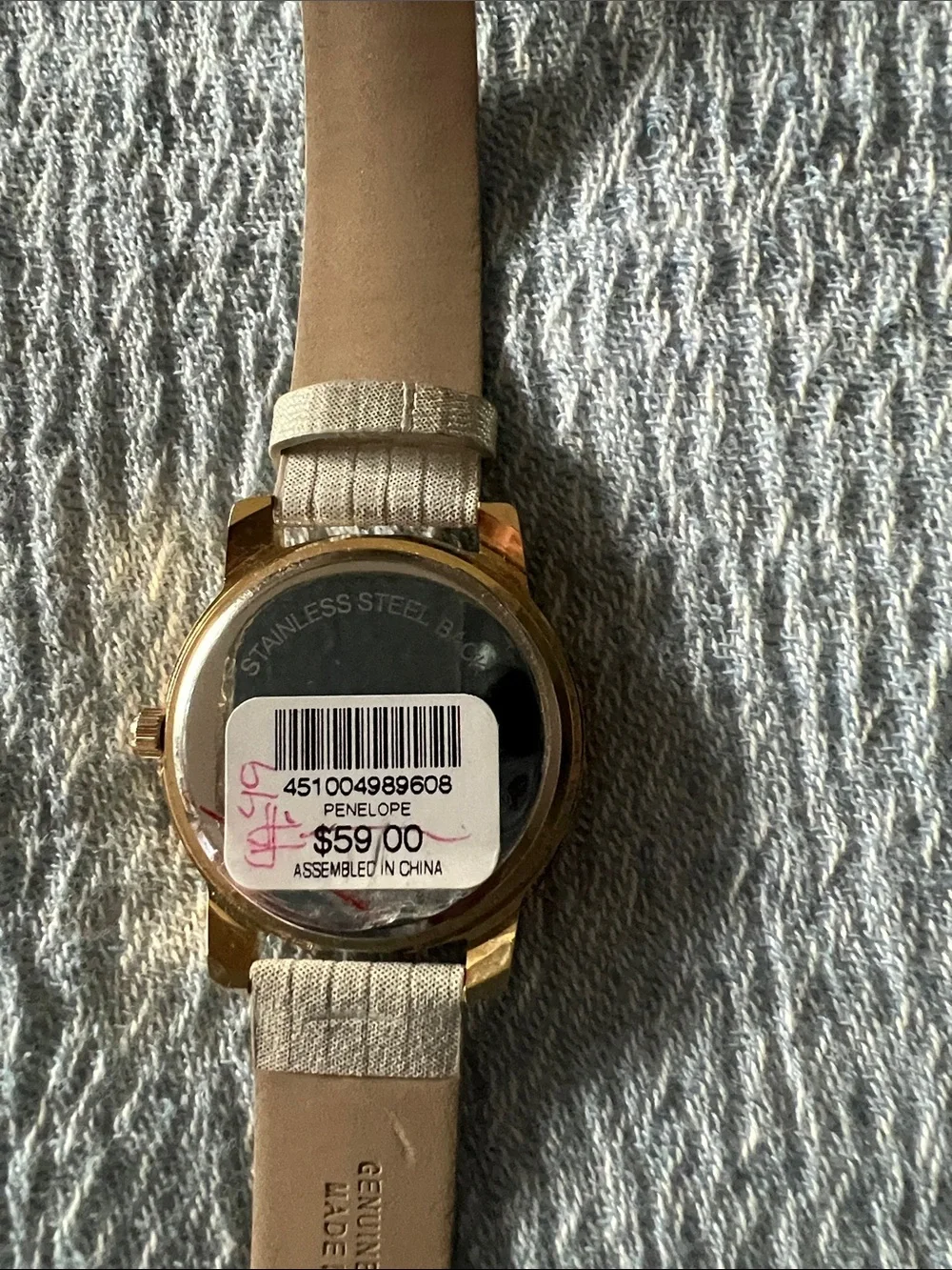Chico's Silver Leather Strap Watch with Crystal Bezel and Gold Accents